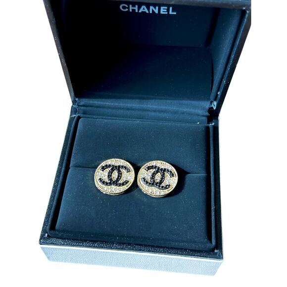 Genuine 18k Gold Plated Crystal Encrusted Earrings Chanel Black CC Logo Luxury - Picture 3 of 3
